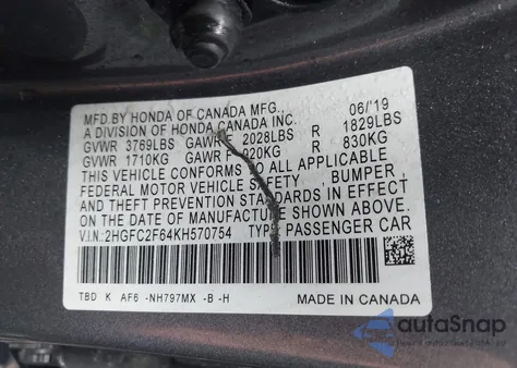 2019 Honda Civic Lx z USA, uszkodzony, nr VIN 2HGFC2F64KH570754